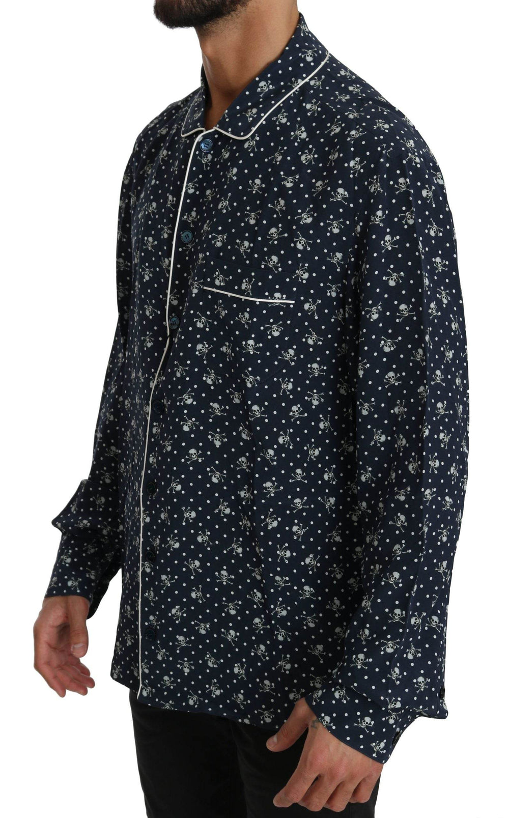 Dolce & Gabbana Seidige Eleganz: Blaues Lounge-Shirt mit Totenkopfdruck - Léoré