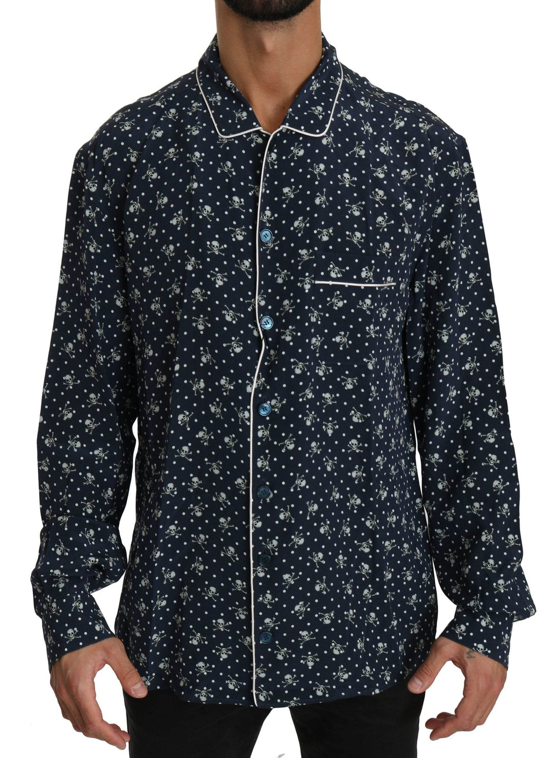 Dolce & Gabbana Seidige Eleganz: Blaues Lounge-Shirt mit Totenkopfdruck - Léoré