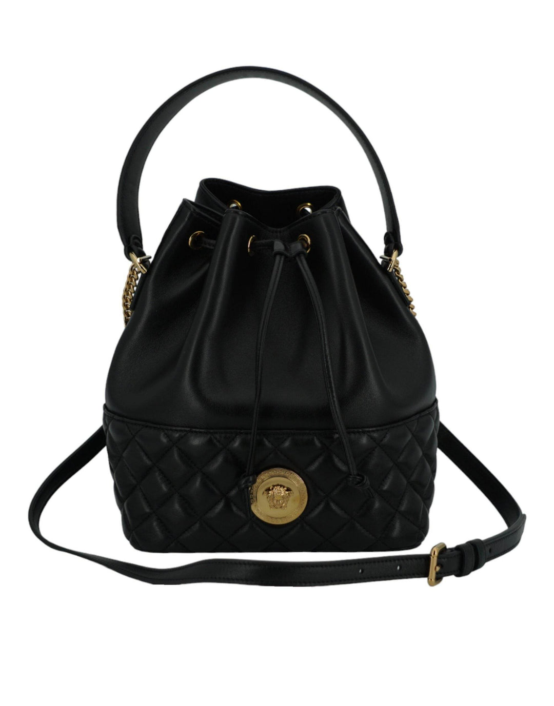 Versace Elegante schwarze Leder Medusa Bucket Umhängetasche - Léoré