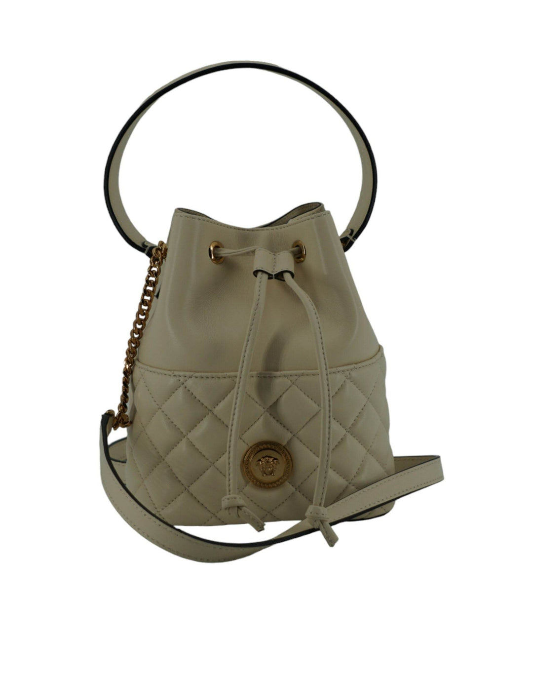 Versace Elegante kleine Eimer-Umhängetasche aus weißem Leder - Léoré