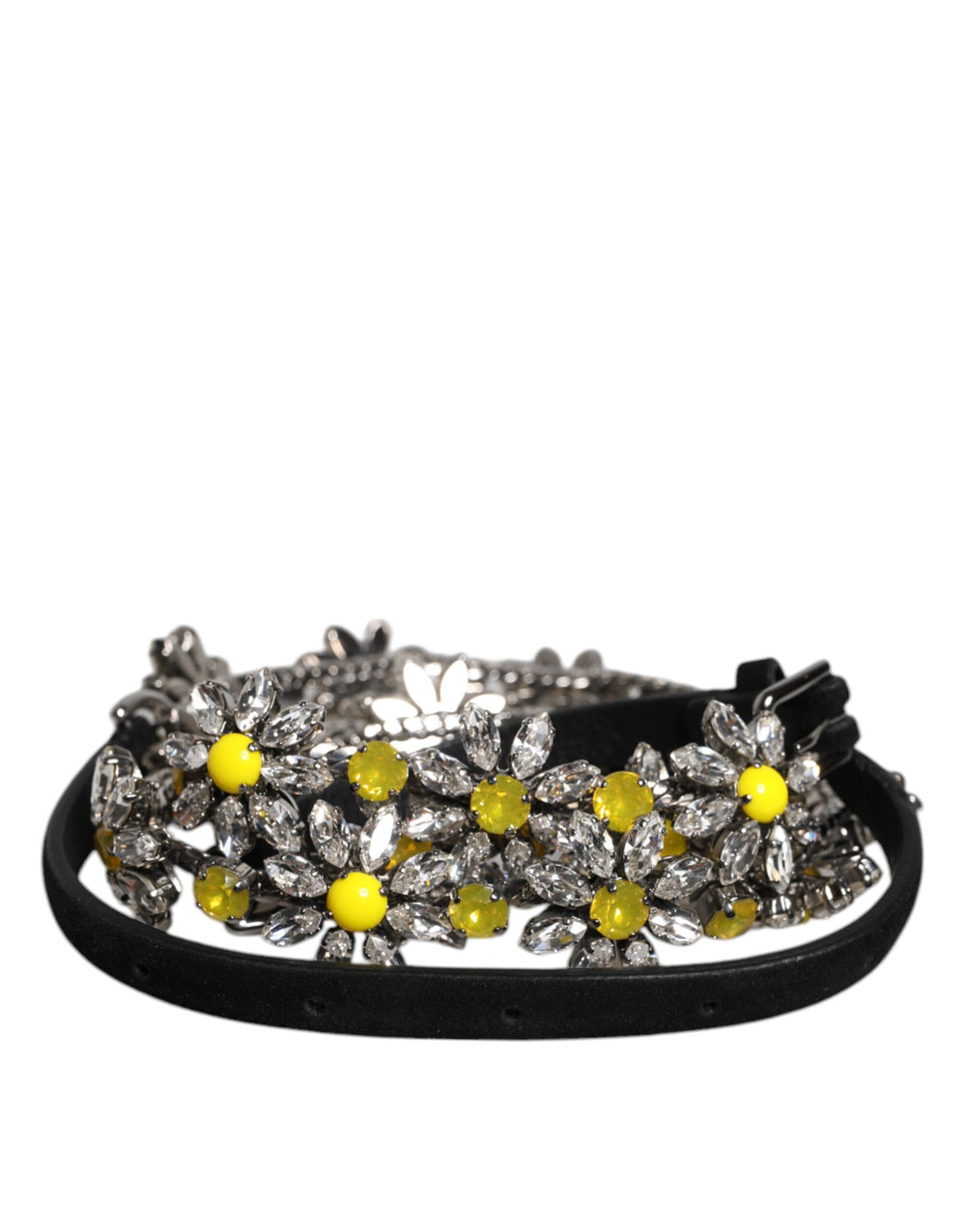 Dolce & Gabbana Schwarzer Leder Gänseblümchen Kristall verschönern Gürtel