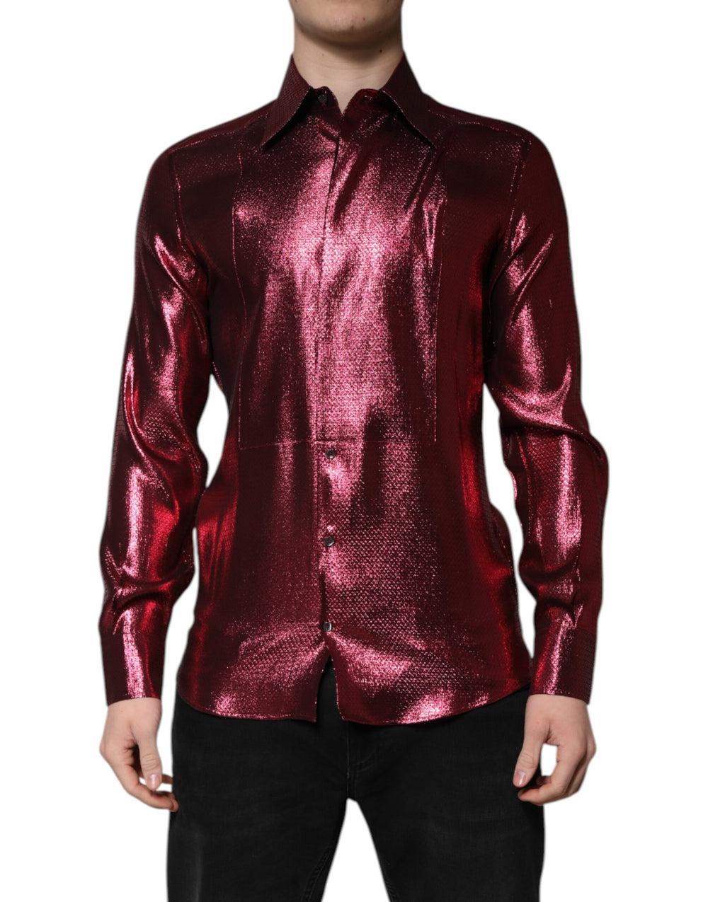 Dolce & Gabbana Metallic Rot Baumwolle GOLD Kleid Formelles Hemd