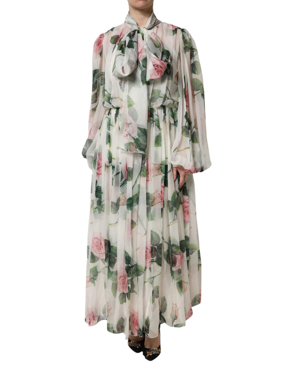 Dolce & Gabbana Weißes geblümtes Rosen Maxi Kleid lang