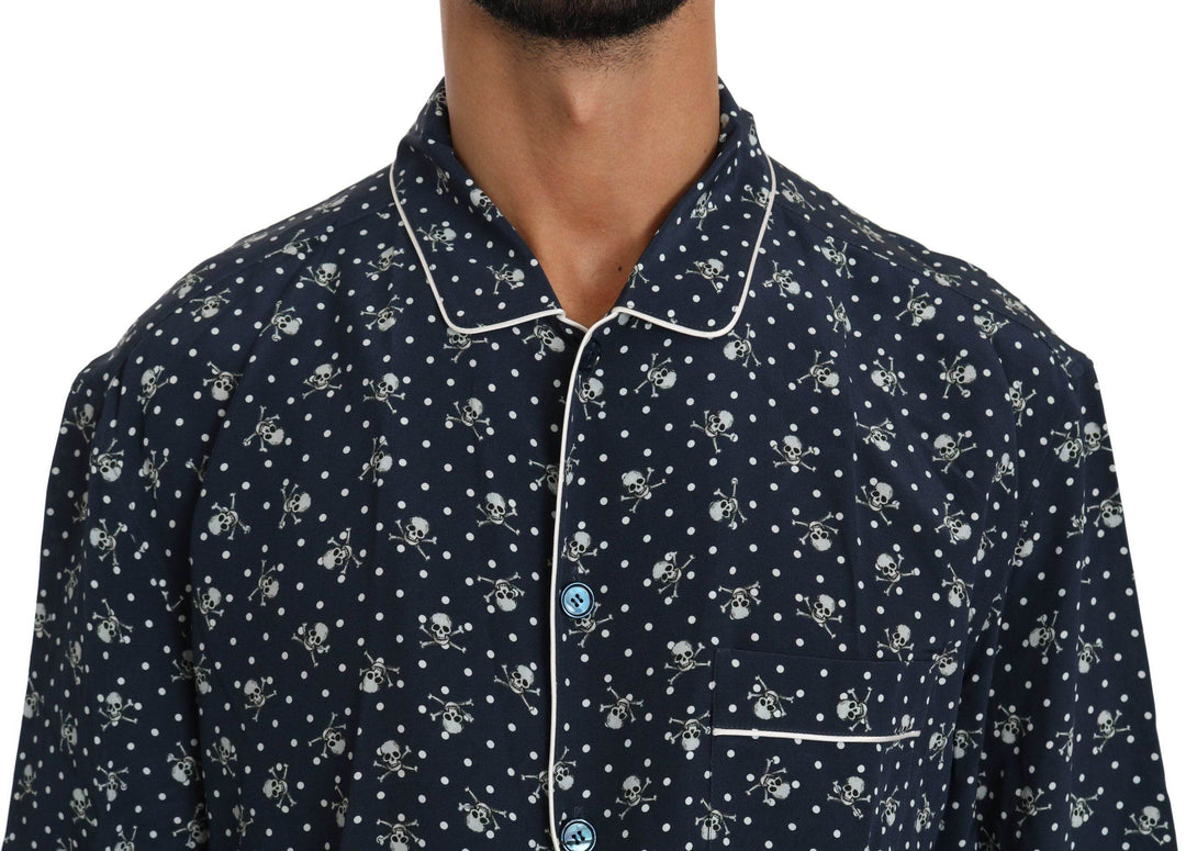 Dolce & Gabbana Seidige Eleganz: Blaues Lounge-Shirt mit Totenkopfdruck - Léoré