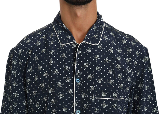 Dolce & Gabbana Seidige Eleganz: Blaues Lounge-Shirt mit Totenkopfdruck - Léoré