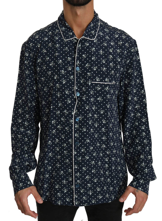 Dolce & Gabbana Seidige Eleganz: Blaues Lounge-Shirt mit Totenkopfdruck - Léoré