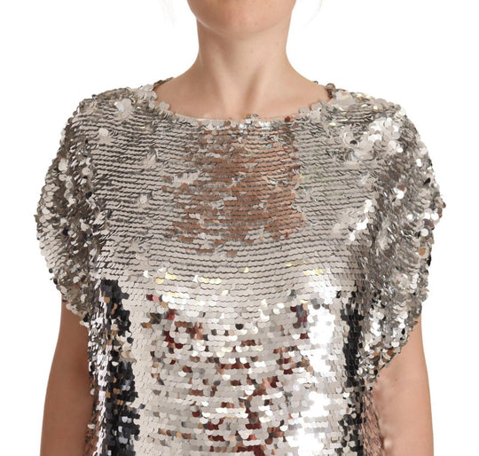 MSGM Silbernes paillettenbesetztes Polyester-Kurzarm-Shift-Minikleid