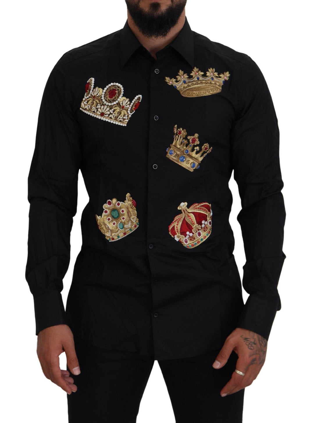 Dolce & Gabbana Elegantes Schwarzes Slim Fit Hemd mit Kronen-Stickerei - Léoré