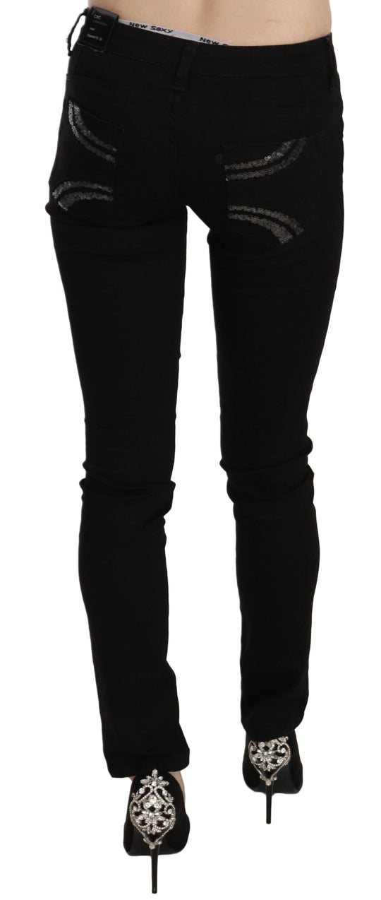 Costume National Schwarze Pailletten-Jeans mit schmaler Taille und schmaler Passform aus Denim