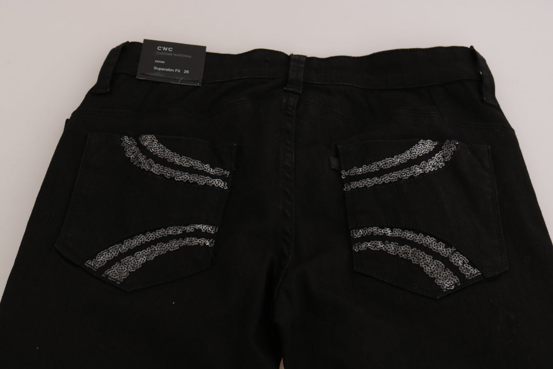 Costume National Schwarze Pailletten-Jeans mit schmaler Taille und schmaler Passform aus Denim