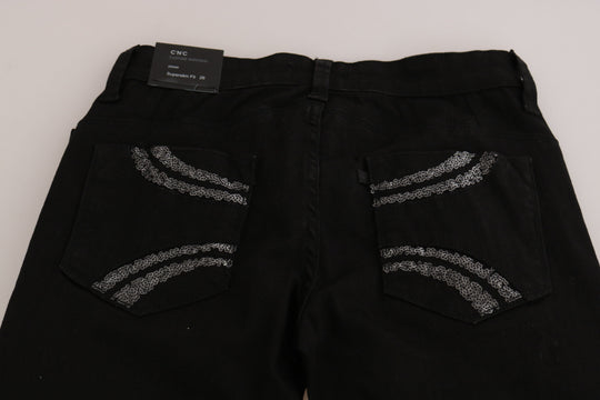 Costume National Schwarze Pailletten-Jeans mit schmaler Taille und schmaler Passform aus Denim