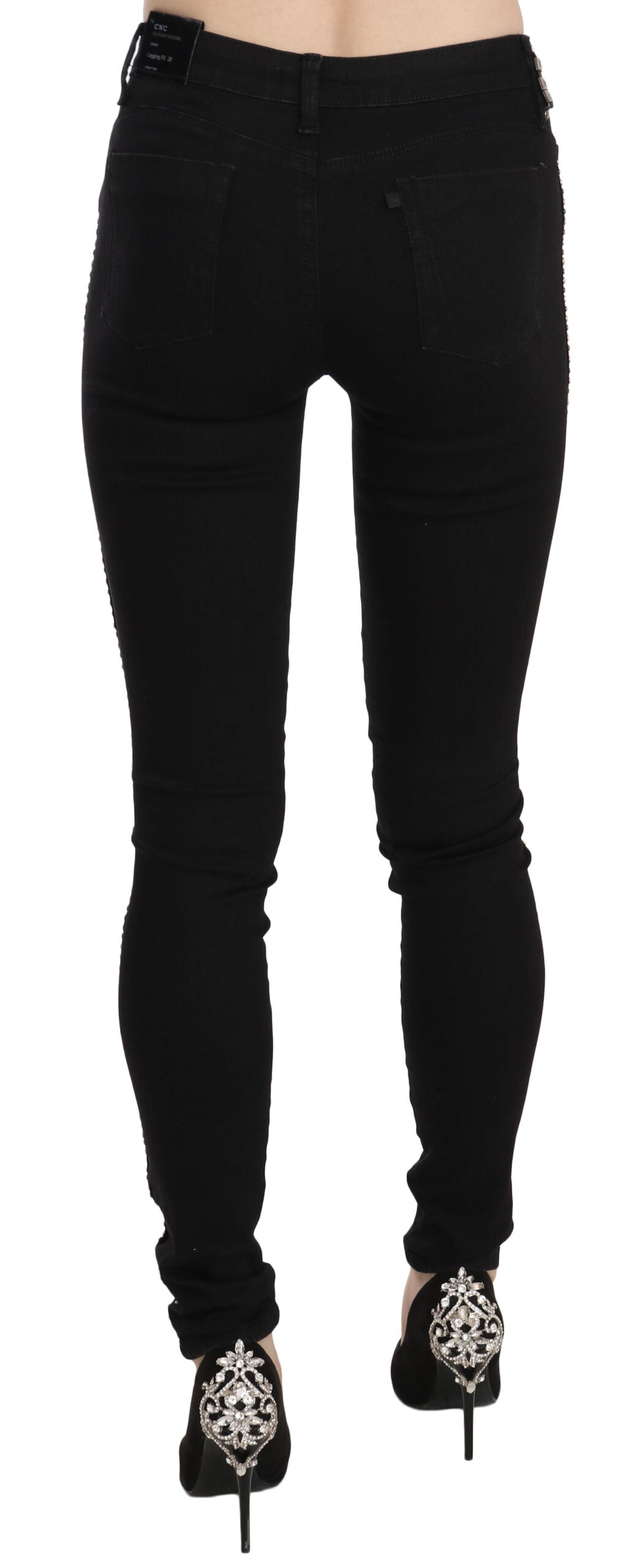 Costume National Schwarze verzierte Skinny Denim Jeans mit mittlerer Taille
