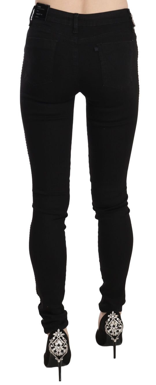 Costume National Schwarze verzierte Skinny Denim Jeans mit mittlerer Taille