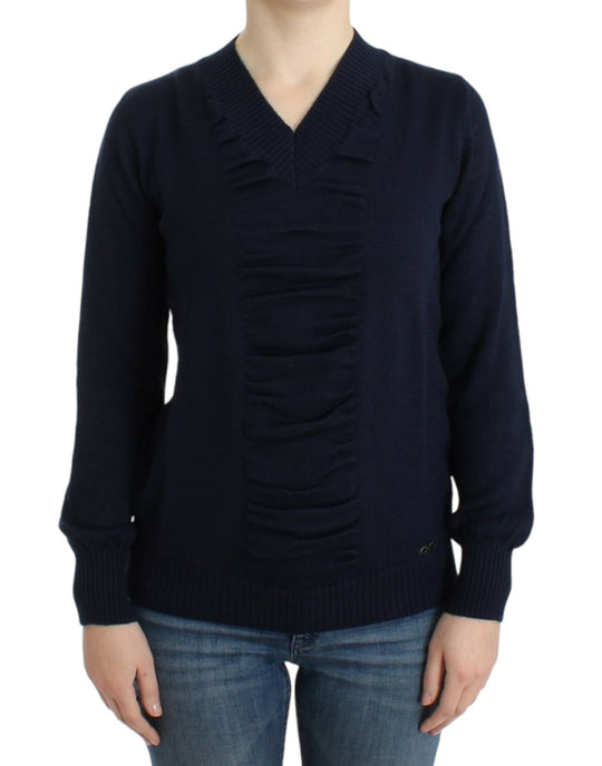 Costume National Dunkelblauer Wollpullover mit V-Ausschnitt