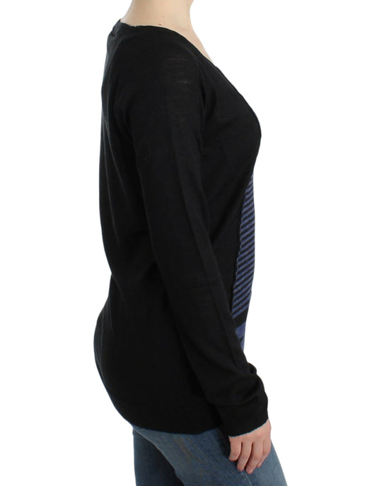 Costume National Schwarzer gestreifter Pullover mit V-Ausschnitt