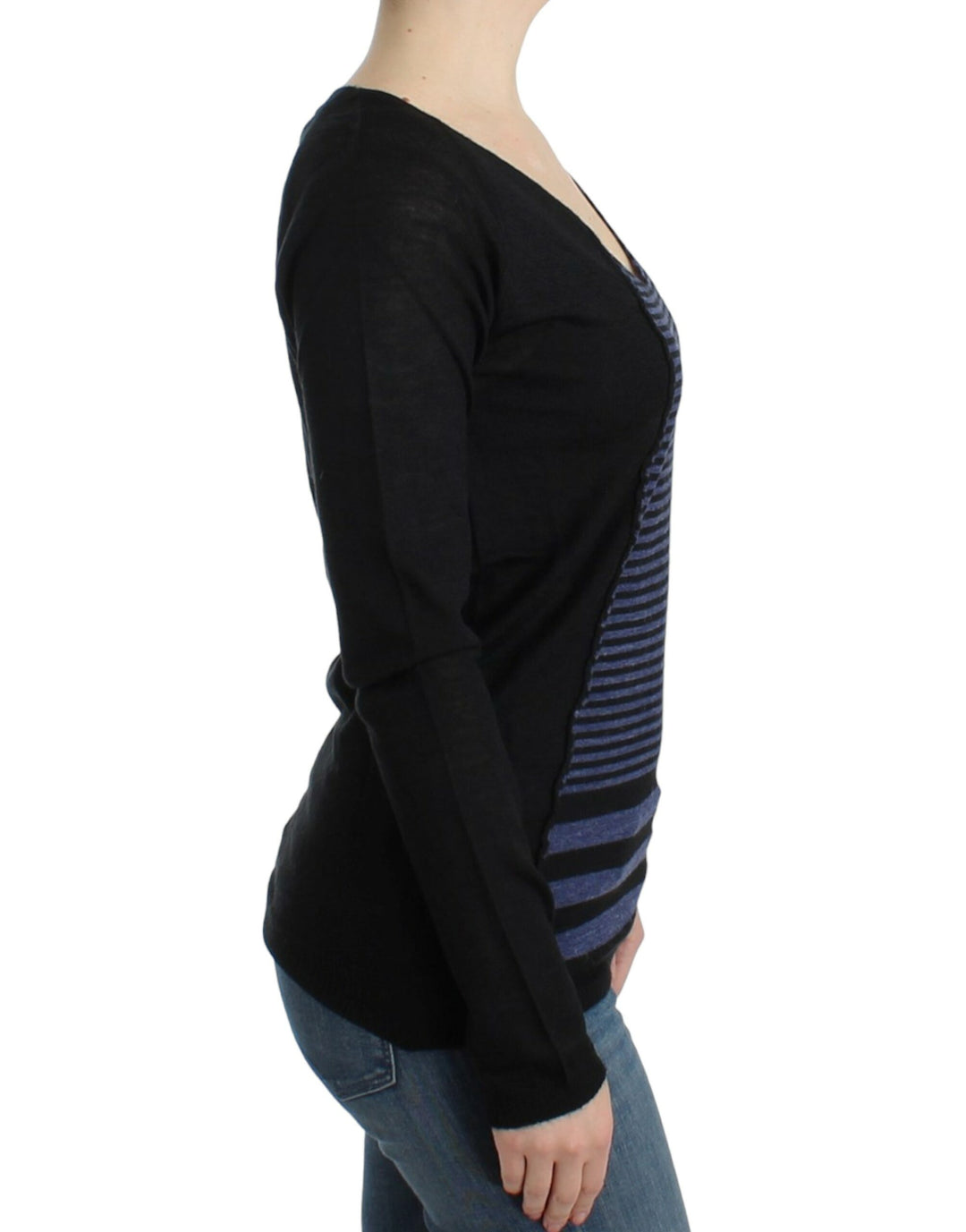 Costume National Schwarzer gestreifter Pullover mit V-Ausschnitt