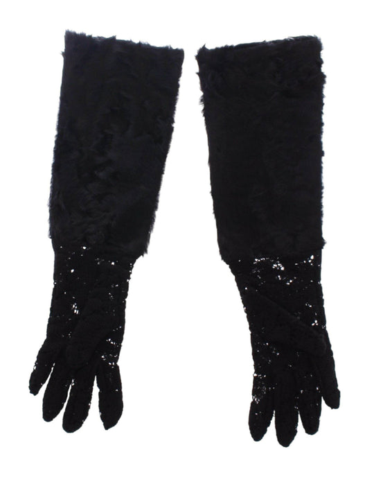 Dolce & Gabbana Schwarze Wollspitzen & Lammfell Ellenbogenhandschuhe - Léoré