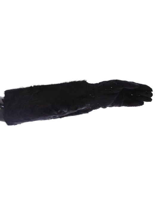 Dolce & Gabbana Schwarze Wollspitzen & Lammfell Ellenbogenhandschuhe - Léoré