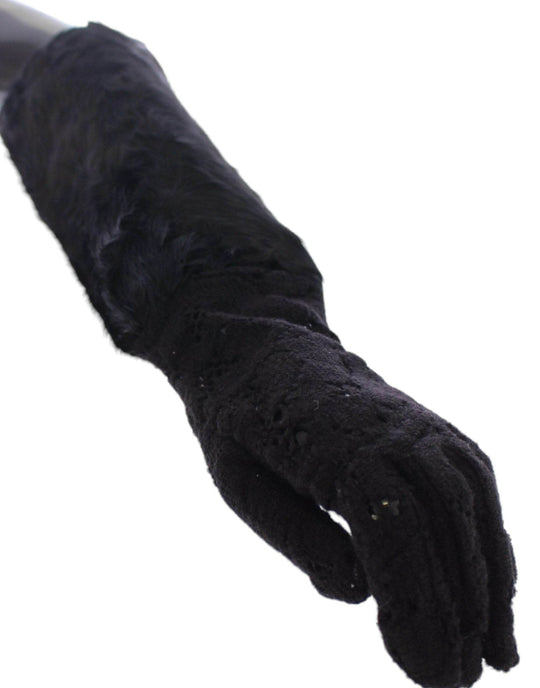 Dolce & Gabbana Schwarze Wollspitzen & Lammfell Ellenbogenhandschuhe - Léoré