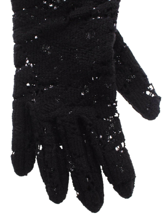 Dolce & Gabbana Schwarze Wollspitzen & Lammfell Ellenbogenhandschuhe - Léoré
