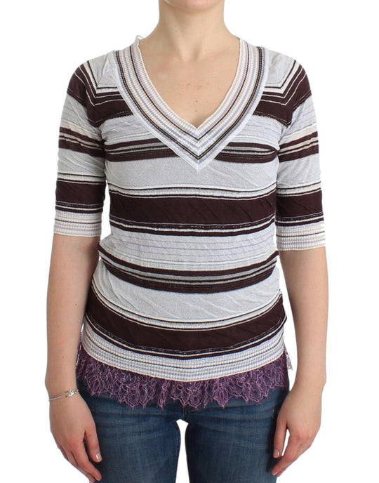 Ermanno Scervino Gestreiftes Spitzen-Top mit V-Ausschnitt und kurzen Ärmeln Pullover