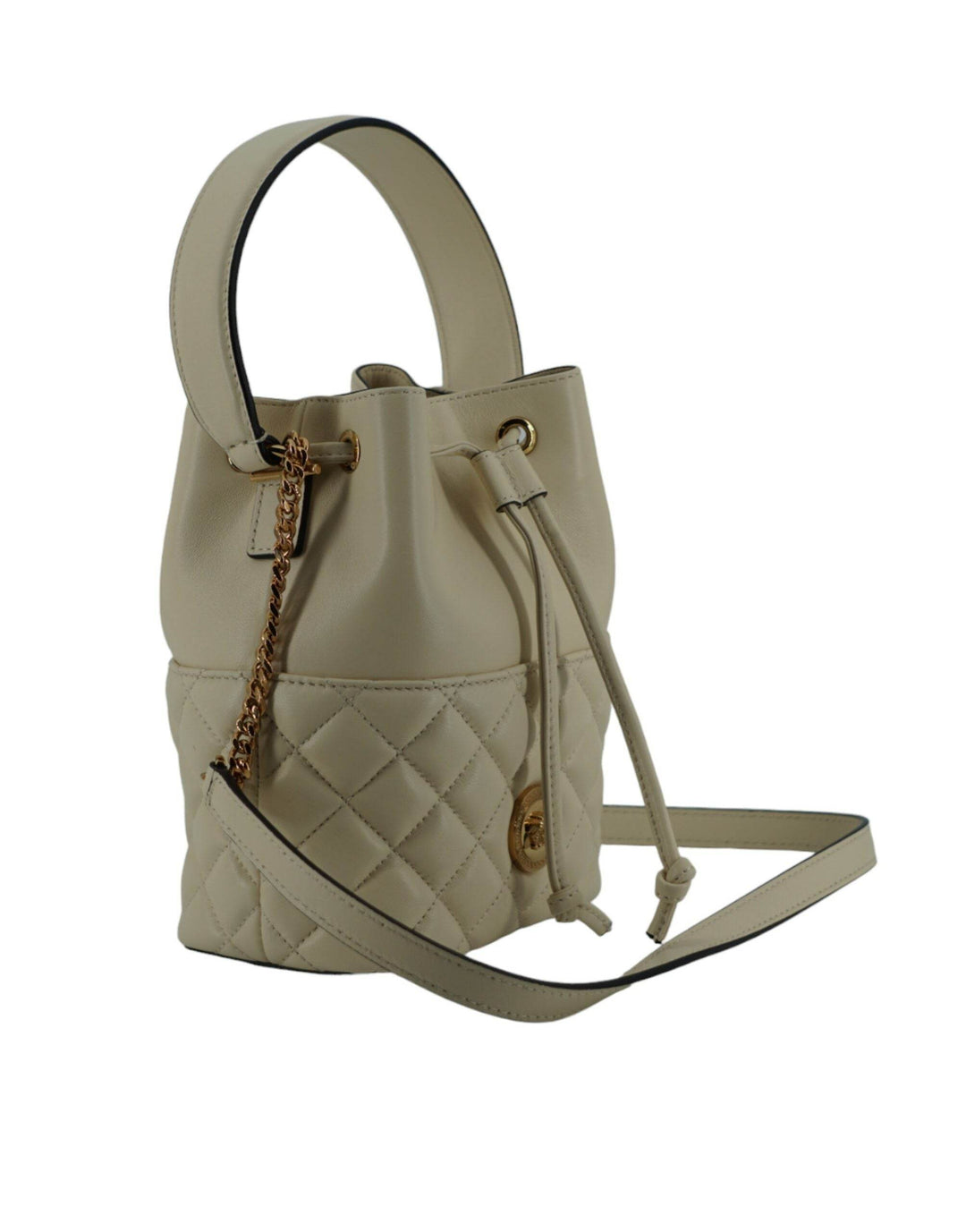 Versace Elegante kleine Eimer-Umhängetasche aus weißem Leder - Léoré