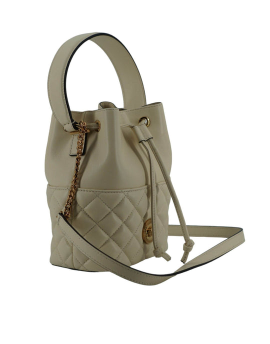 Versace Elegante kleine Eimer-Umhängetasche aus weißem Leder - Léoré