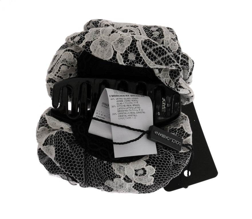 Dolce & Gabbana Elegante Haarspange mit schwarzer und weißer Blumenspitze und Kristall - Léoré