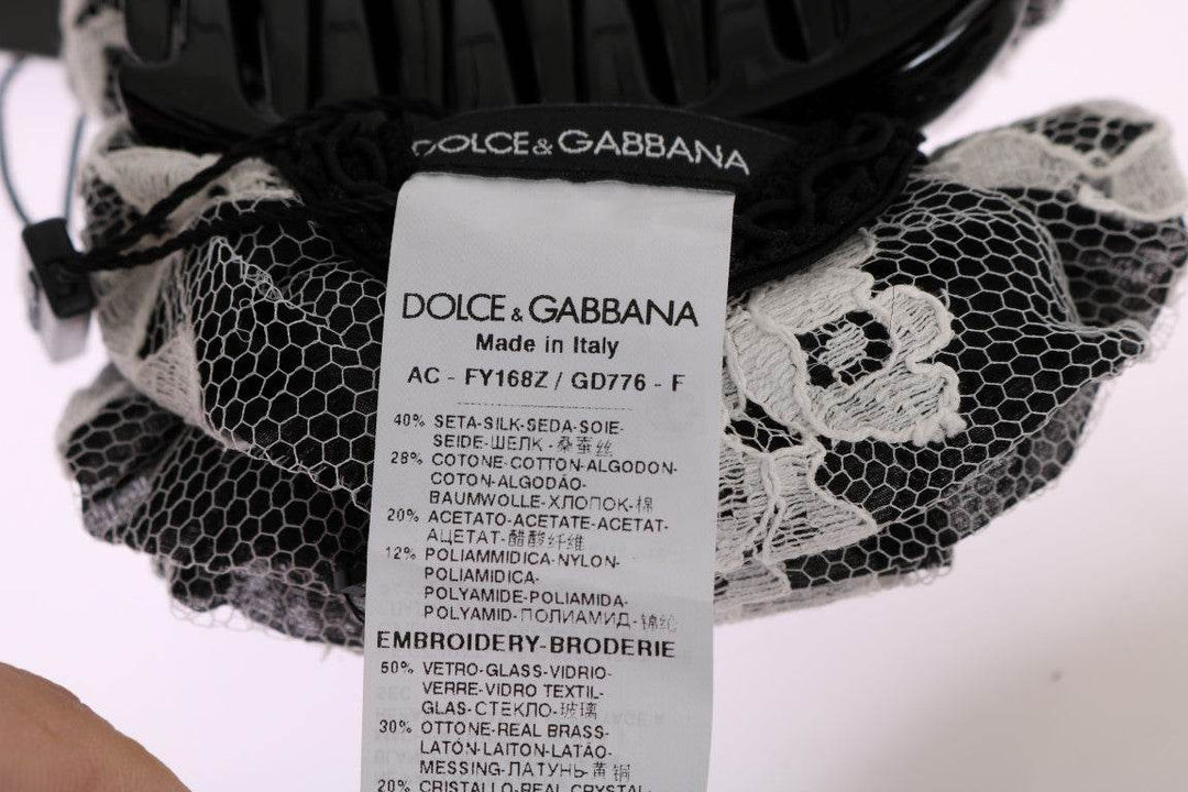 Dolce & Gabbana Elegante Haarspange mit schwarzer und weißer Blumenspitze und Kristall - Léoré