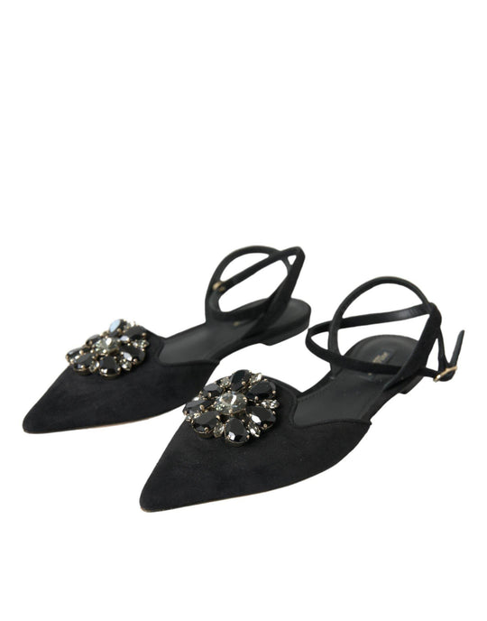 Dolce & Gabbana Schwarzes Leder Kristall Slingback Sandalen Schuhe - Léoré