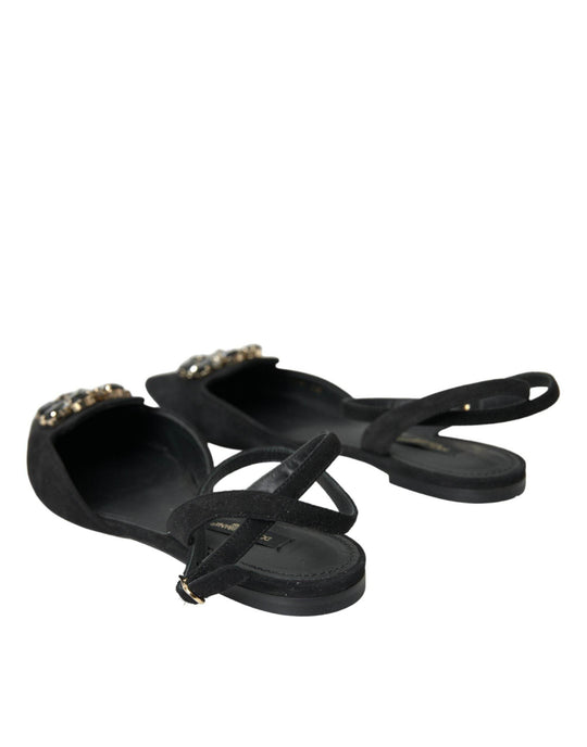 Dolce & Gabbana Schwarzes Leder Kristall Slingback Sandalen Schuhe - Léoré