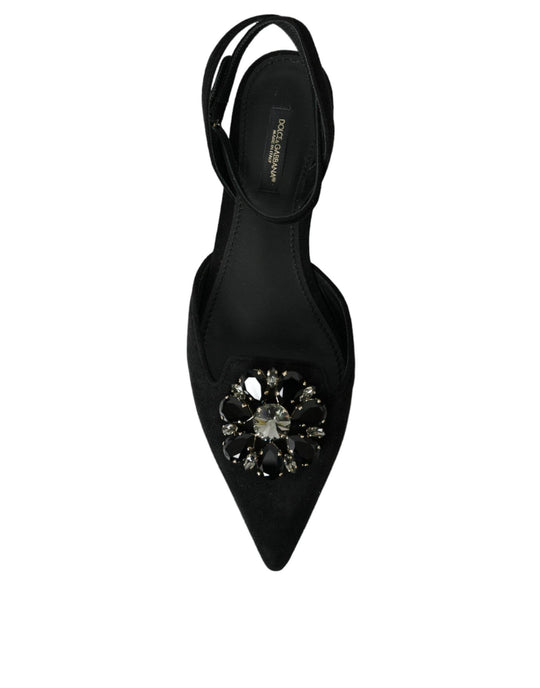 Dolce & Gabbana Schwarzes Leder Kristall Slingback Sandalen Schuhe - Léoré