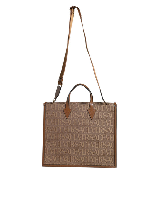 Versace Braune Jacquard-Leder-Logo-Crossbody-Tasche mit Obergriff