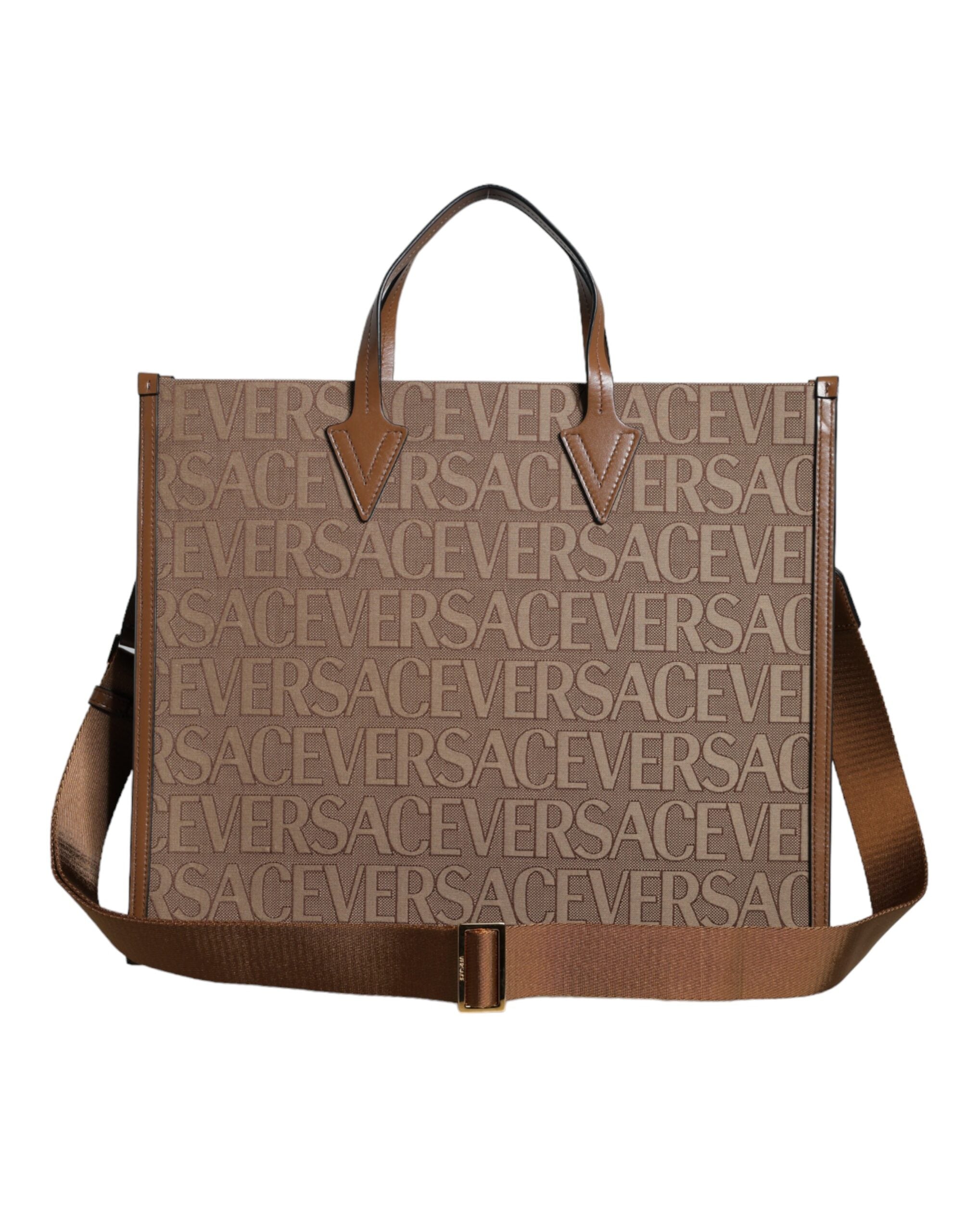 Versace Braune Jacquard-Leder-Logo-Crossbody-Tasche mit Obergriff