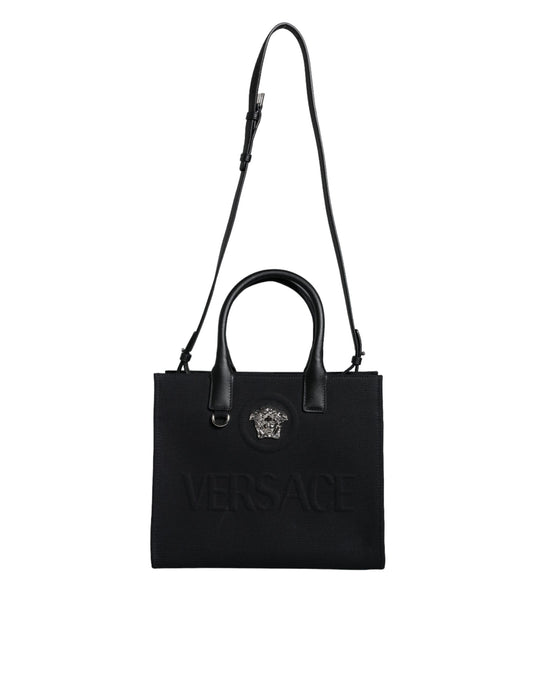 Versace Schwarze Top Handle Canvas Leder Logo Crossbody Tote Bag
