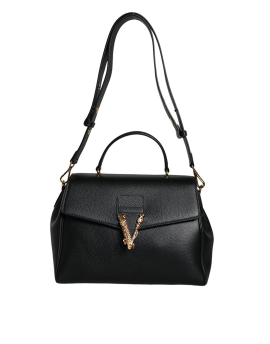 Versace Black Top Handle Grainy Calfskin Leather Crossbody Bag - Léoré