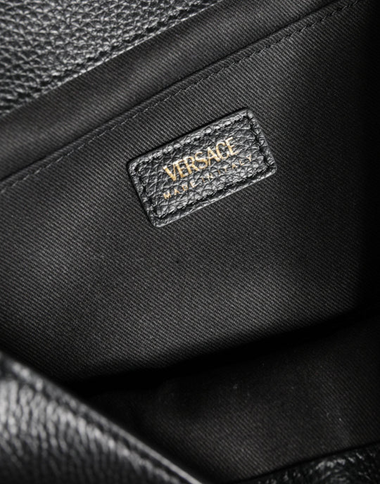Versace Black Top Handle Grainy Calfskin Leather Crossbody Bag - Léoré