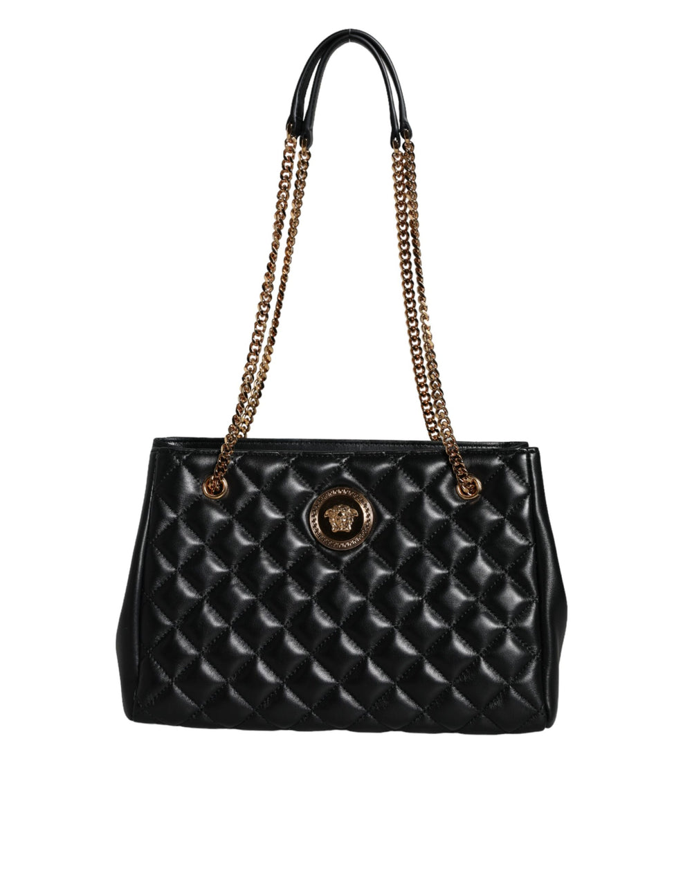 Versace Schwarze gesteppte Nappaleder-Schultertasche mit Kettenriemen