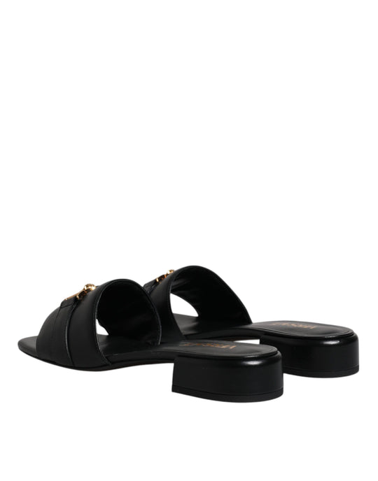Versace Schwarz Leder Logo Plaque Slip On Slides Flats Schuhe
