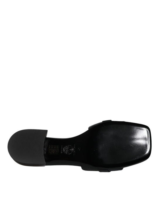 Versace Schwarz Leder Logo Plaque Slip On Slides Flats Schuhe