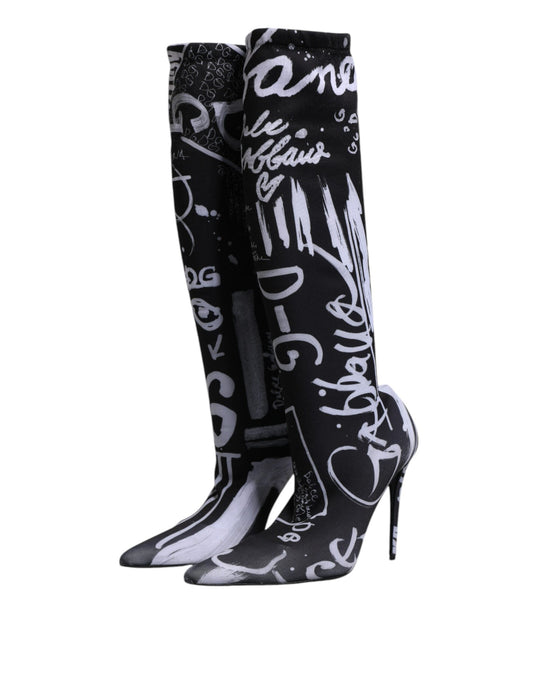 Dolce & Gabbana Schwarz Logo Stretch Heels Hohe Stiefel Schuhe