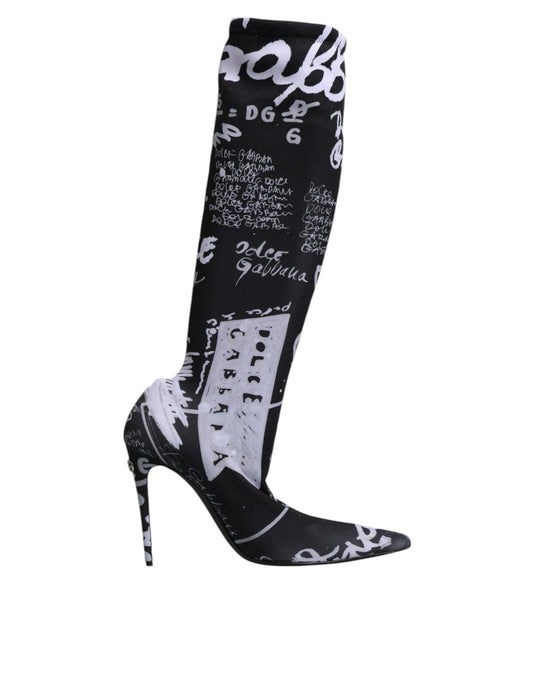 Dolce & Gabbana Schwarz Logo Stretch Heels Hohe Stiefel Schuhe