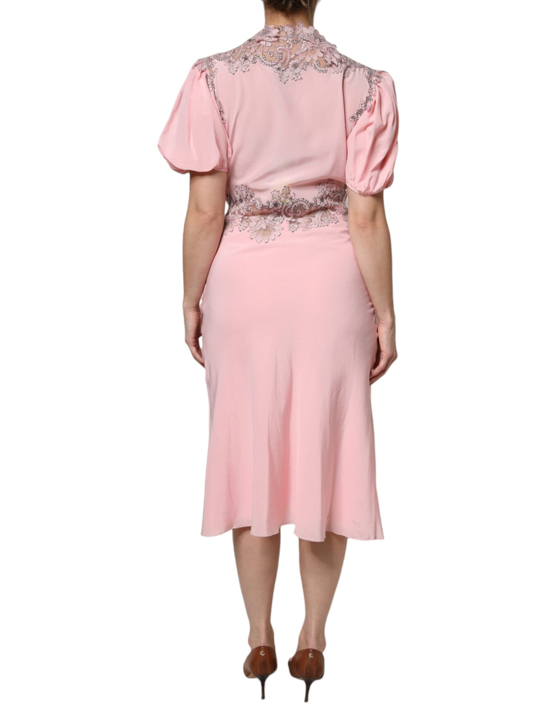 Ermanno Scervino Rosa geblümte Spitze mit kurzen Ärmeln und V-Ausschnitt Midikleid