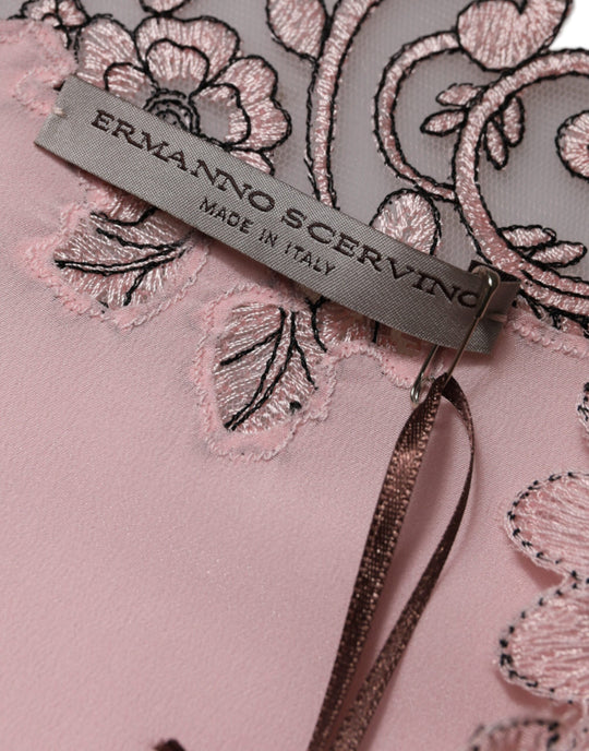 Ermanno Scervino Rosa geblümte Spitze mit kurzen Ärmeln und V-Ausschnitt Midikleid