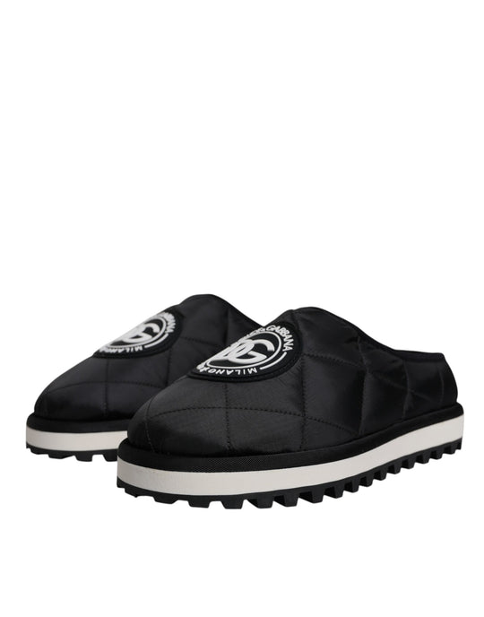 Dolce & Gabbana Schwarz Nylon gesteppt Logo Patch Sandalen Rutschen Schuhe