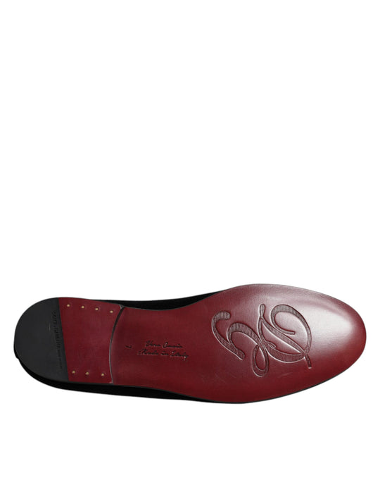Dolce & Gabbana Schwarzer Samt Kristallkrone Loafers Formelle Kleid Schuhe