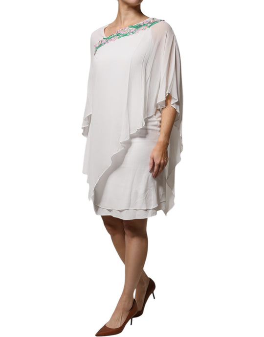 Blumarine Weißes, mit Blumen besticktes Viskose-Chiffon-Schiebekleid