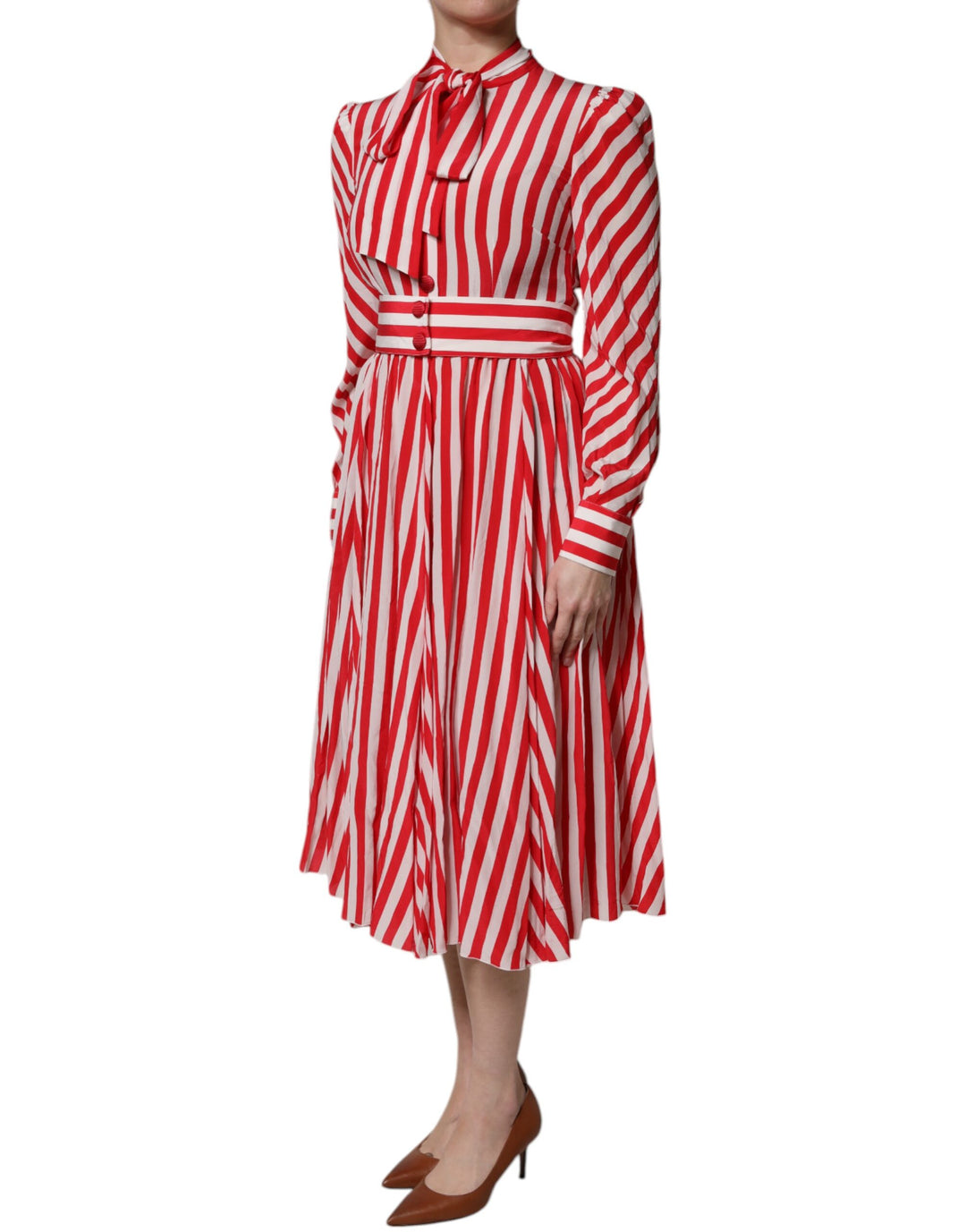 Dolce & Gabbana Weiß-rot gestreiftes Midikleid mit langen Ärmeln