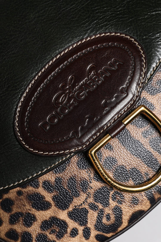 Dolce & Gabbana Schwarzbraune Leopardenleder-Schulterriemen-Tasche
