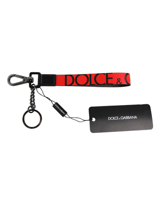 Dolce & Gabbana Rotes Logo Nylon Silber Messing Männer Halter Schlüsselanhänger Schlüsselring